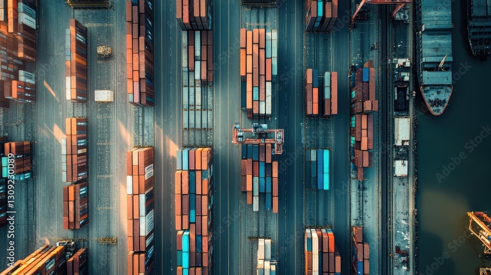 Obraz premium Aerial View of a Busy Cargo Port, Containers, Ships, and Logistics