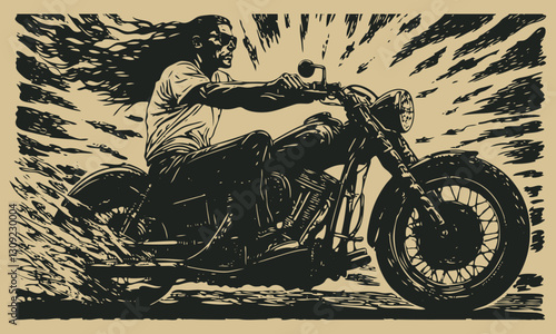Vector illustration of a motorcyclist riding a classic motorcycle in dramatic black and white engraving style. The rider leans forward on a vintage bike with motion lines creating a sense of speed 