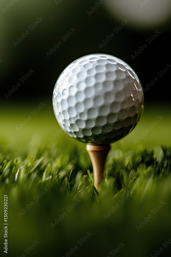 A Stunning Golf Ball on a Tee Surrounded by Lush Green Grass, Perfect for a Day of Recreation and Leisure in the Great Outdoors A Stunning Golf Ball on a Tee Surrounded by Lush Green Grass, Perfect for a Day of Recreation and Leisure in the Great Outdoors