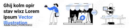 Woman holding a phone with a bag, storefront with medical products under 247 service, robotic arm assembling products. Ideal for technology, healthcare, automation, e-commerce, retail, innovation