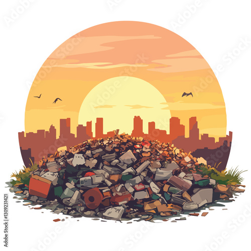Overflowing Landfill Waste under Sunset - Environmental Pollution Concept