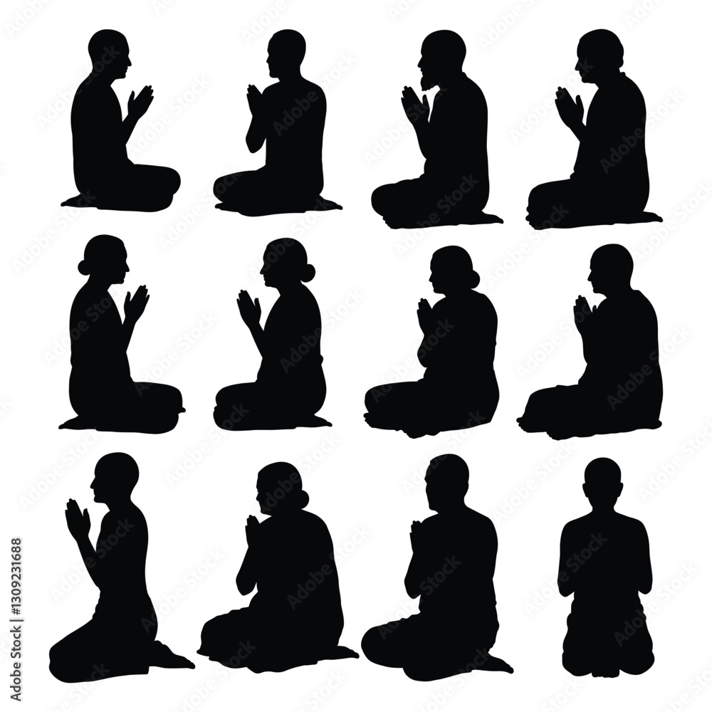 Silhouette set of different pose of traditional Indian people of Hindu religion praying with white background Silhouette set of different pose of traditional Indian people of Hindu religion praying with white background
