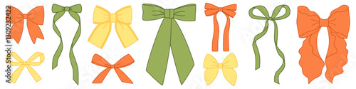 Set of different hair ribbons, bows of different colors with edging, sets of vintage bows for girls. Isolated ribbons. Attributes, decoration of parties, holidays, bow for gift wrapping, box.