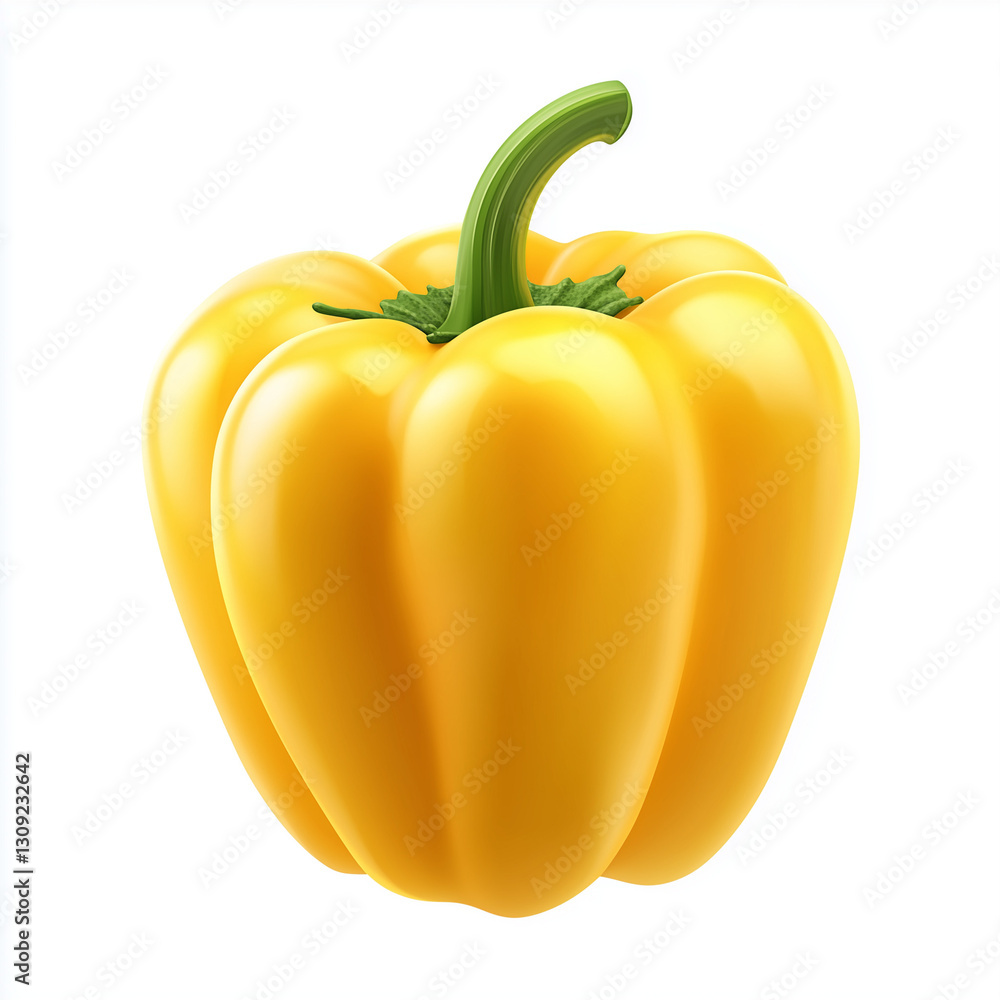 A bright yellow bell pepper with a smooth, shiny surface and a green stem, isolated on a white background, high-definition realism A bright yellow bell pepper with a smooth, shiny surface and a green stem, isolated on a white background, high-definition realism