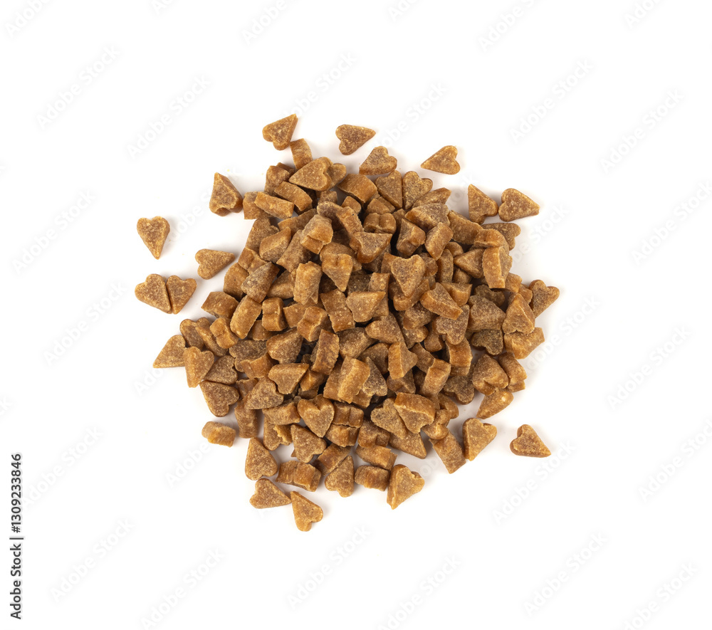 Obraz premium Mini pet food shaped like hearts isolated, small dogs crunchy treats pile, flavored brown dry kibble