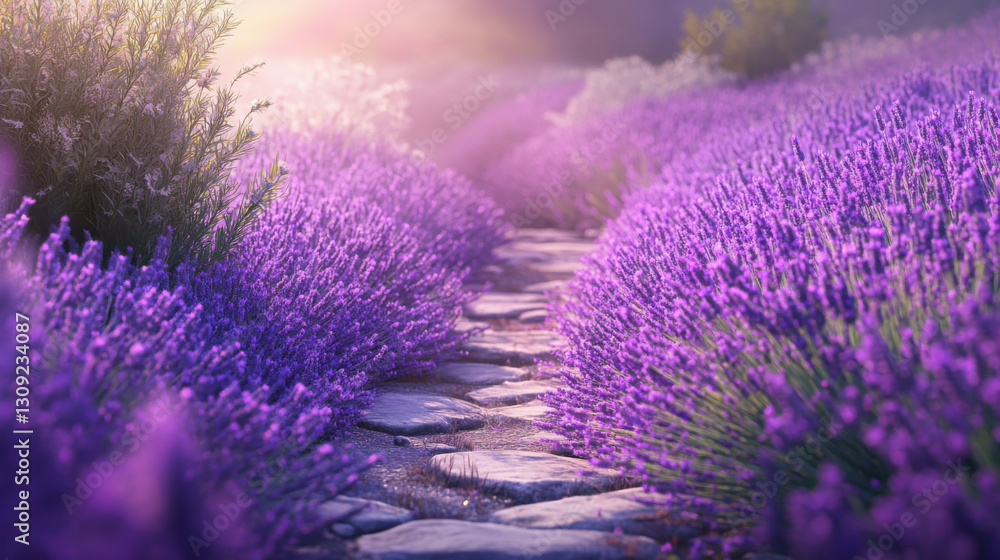 Obraz premium serene countryside path weaves through vibrant purple lavender fields under soft, glowing sunset, creating tranquil and picturesque scene