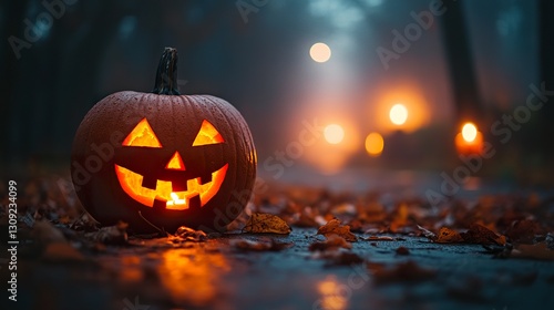A spooky Halloween night with glowing pumpkins on a misty street, soft candlelight reflecting on autumn leaves, eerie shadows stretching, dark cinematic ambiance 