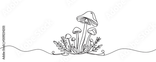 Continuous one line drawing of mushroom. Vector illustration