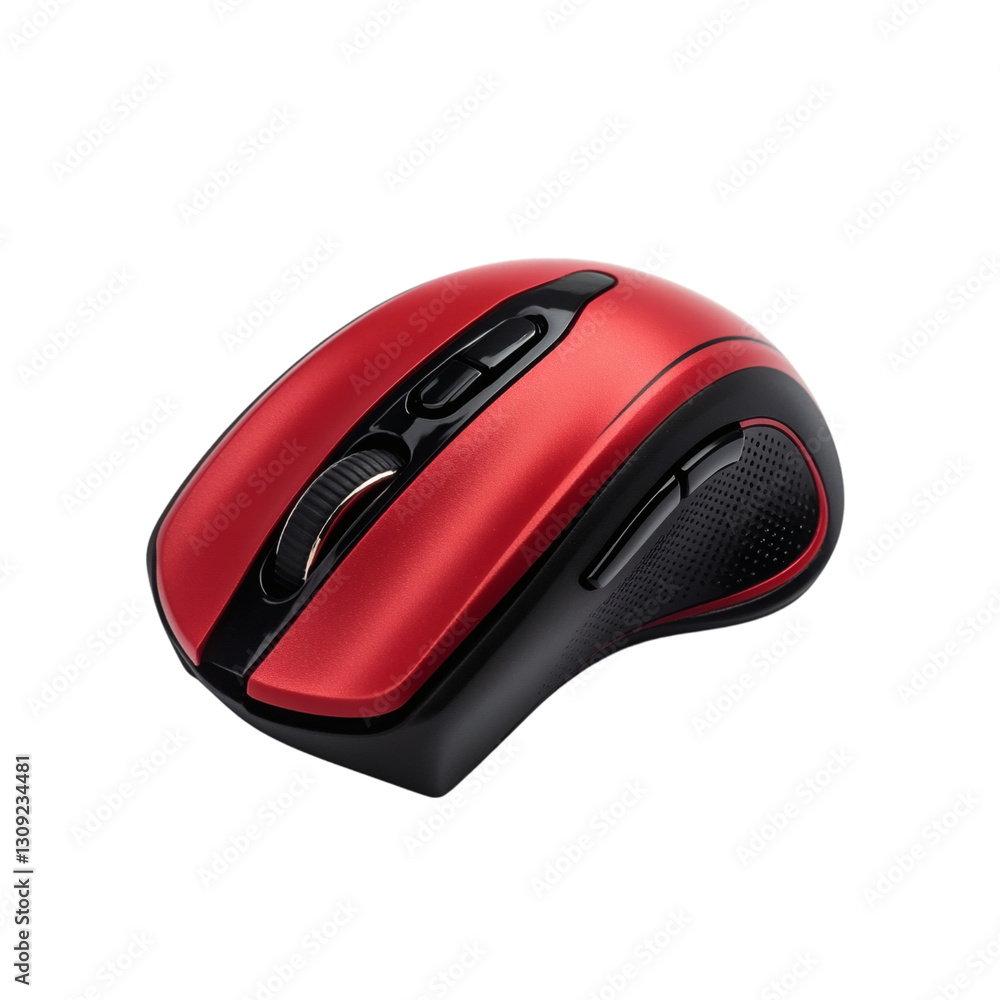 A red and black mouse on a see-through backdrop