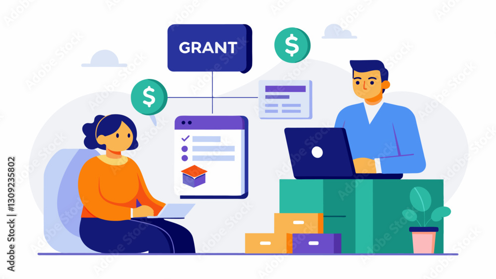 Drawing of a person sitting in front of a computer with a cube labeled Grant on the screen while another person is sitting in front of a pile of. Vector illustration Drawing of a person sitting in front of a computer with a cube labeled Grant on the screen while another person is sitting in front of a pile of. Vector illustration