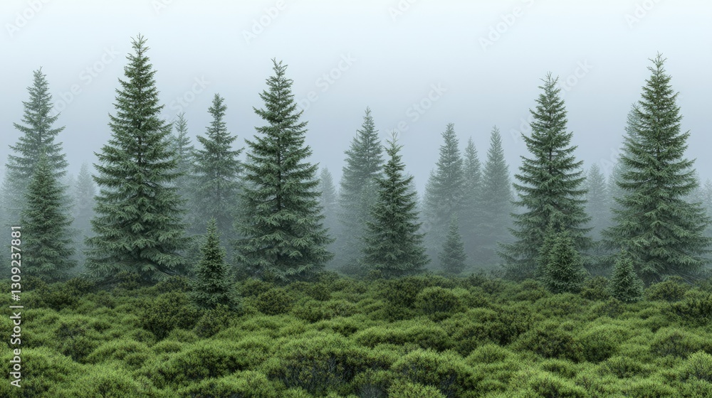 Fototapeta premium Lush evergreen forest surrounded by mist during early morning hours inviting exploration and tranquility