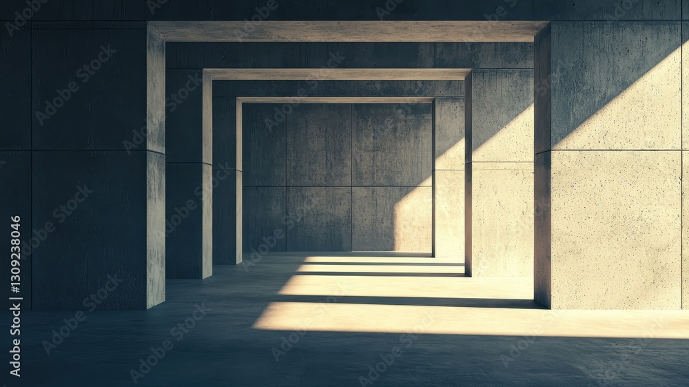 Modern Concrete Architecture Sunlit Passageway with Geometric Pillars and Shadows Modern Concrete Architecture Sunlit Passageway with Geometric Pillars and Shadows