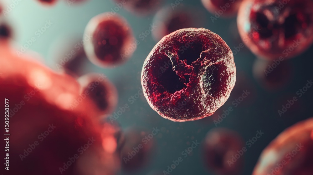 Close-up of decaying single cell with visible disintegration, contrasting with surrounding healthy cells, highlighting cellular biology concepts of life and death. Close-up of decaying single cell with visible disintegration, contrasting with surrounding healthy cells, highlighting cellular biology concepts of life and death.