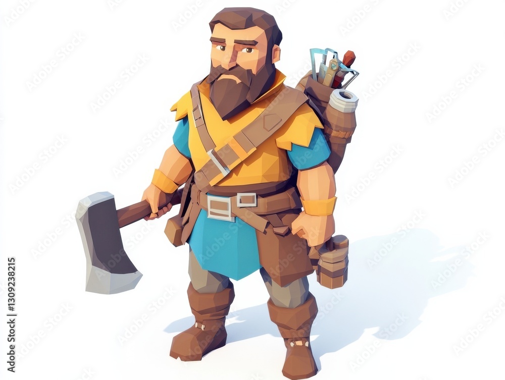 Cartoon lumberjack character with beard and axe in adventure outfit Cartoon lumberjack character with beard and axe in adventure outfit