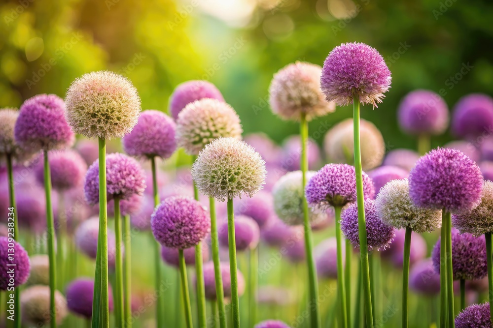 Obraz premium Allium's delicate blooms, long stems shown in a minimalist garden bed photograph.