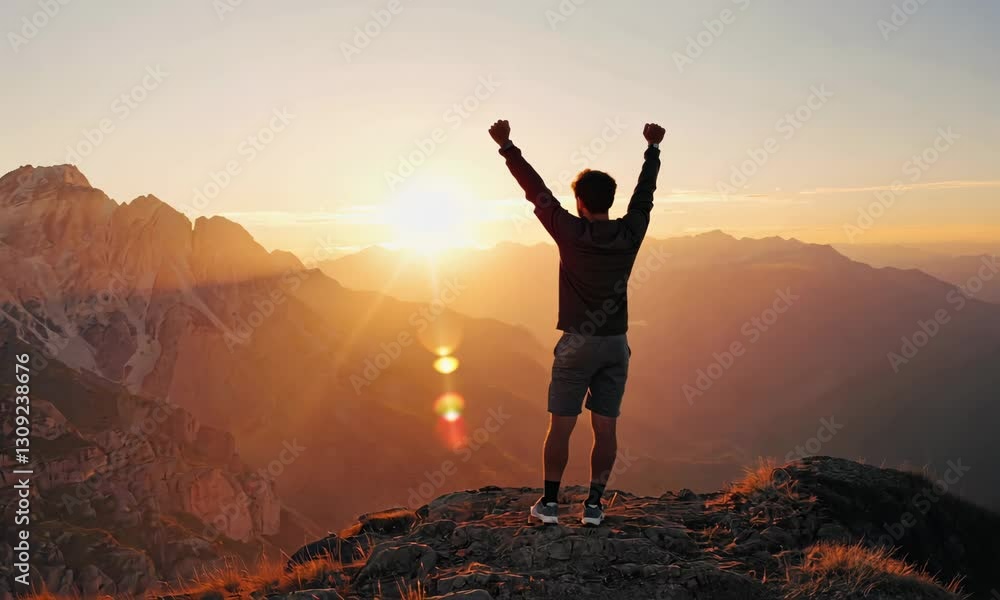 Silhouette of a person celebrating at sunrise on a mountain peak, surrounded by breathtaking landscapes Silhouette of a person celebrating at sunrise on a mountain peak, surrounded by breathtaking landscapes