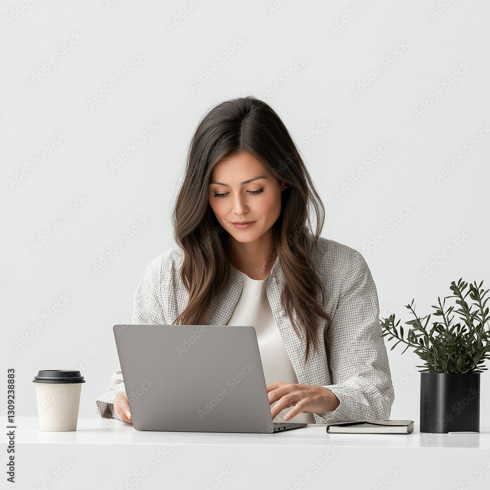 Professional woman working at a desk, minimalist white background, clean and modern office setup, using a laptop, focused expression, stock image for business and productivity themes Professional woman working at a desk, minimalist white background, clean and modern office setup, using a laptop, focused expression, stock image for business and productivity themes