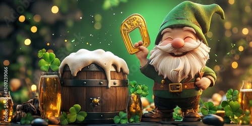 Cheerful Fantasy Gnome Celebrating with Beer Mug and Shamrocks in a Whimsical Scene photo