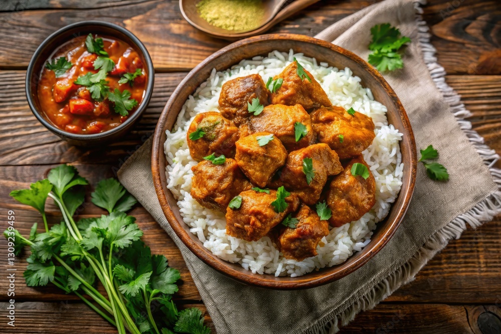 Aromatic chicken vindaloo, a vibrant Indian dish, pairs perfectly with fluffy basmati rice and cilantro. Aromatic chicken vindaloo, a vibrant Indian dish, pairs perfectly with fluffy basmati rice and cilantro.