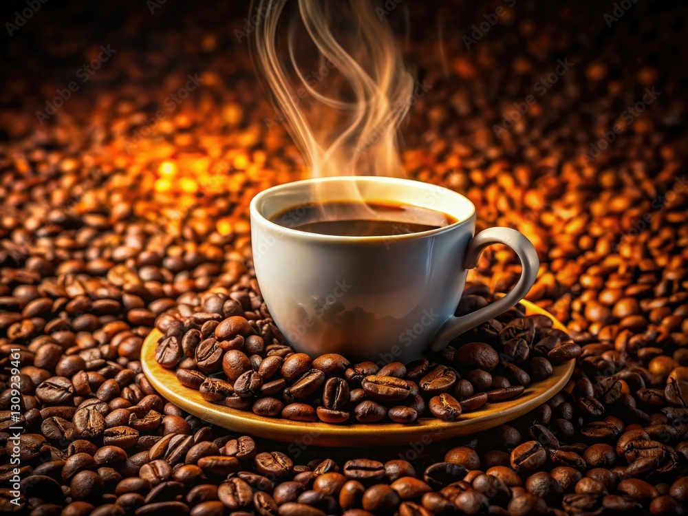 Aromatic coffee beans surround a steaming cup; deep depth of field captures the rich detail. Aromatic coffee beans surround a steaming cup; deep depth of field captures the rich detail.