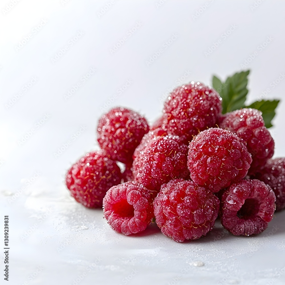 Fresh Raspberries with Dew Droplets, Side View, Isolated on White Background Fresh Raspberries with Dew Droplets, Side View, Isolated on White Background
