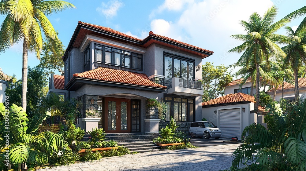 A stylish house with a warm red tiled roof, gray walls accented with white trim, a tropical front yard brimming with greenery, palm trees, and a pristine garage A stylish house with a warm red tiled roof, gray walls accented with white trim, a tropical front yard brimming with greenery, palm trees, and a pristine garage