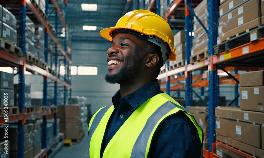 Smiling warehouse worker in safety gear stands among shelves filled with boxes, showcasing teamwork Smiling warehouse worker in safety gear stands among shelves filled with boxes, showcasing teamwork