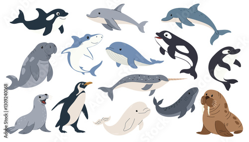 Set of sea animals. Aquatic animals set. Ocean mammals orca, Walrus, sea lion, seal, penguin, shark, whale, dolphin, narwhal, beluga. Vector illustration.