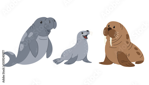 Set of cute aquatic animals. Ocean mammals. Walrus, sea lion, seal. Vector illustration in cartoon style isolated on white background.