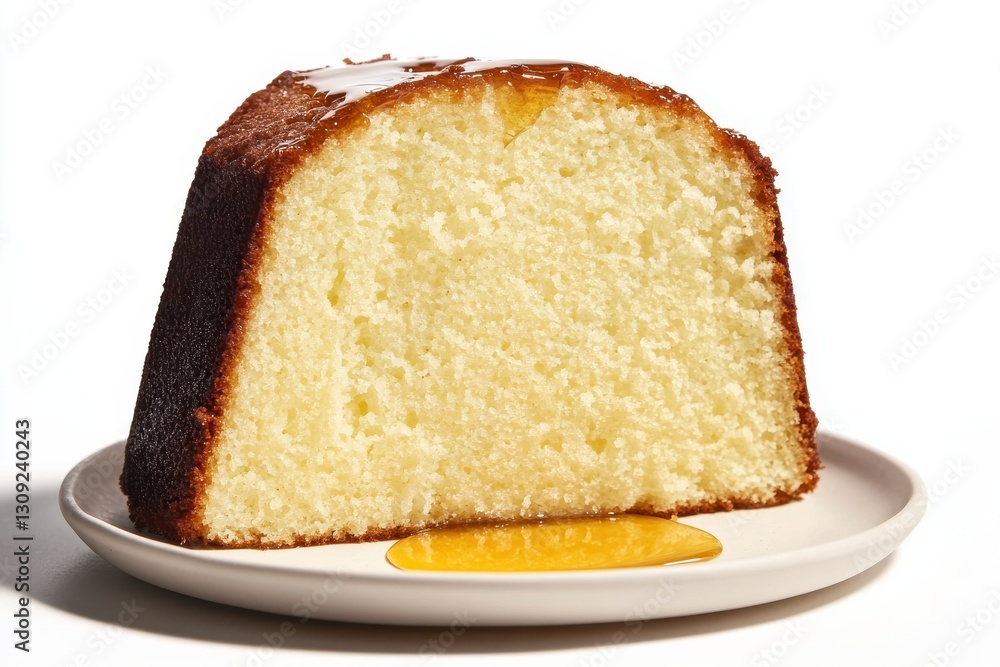 Freshly Baked Vanilla Cake Slice with Glaze on White Plate Freshly Baked Vanilla Cake Slice with Glaze on White Plate