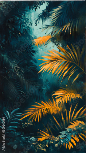 Abstract Tropical Jungle Painting with Golden Palm Leaves and Deep Green Foliage