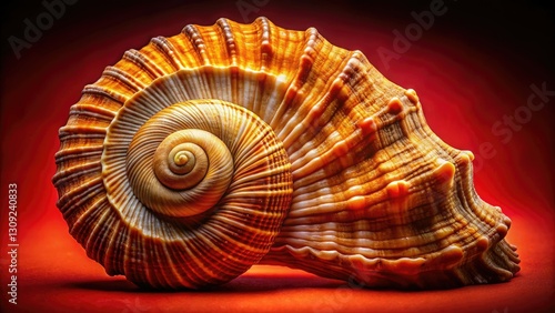 A vibrant red background showcases the intricate detail of a fossilized Strombus Bobonius seashell. photo