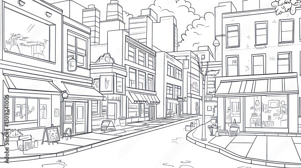City Street Scene Line Drawing City Street Scene Line Drawing