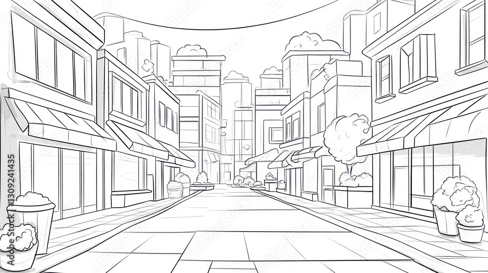 Fototapeta premium Cartoon city street scene, urban background, commercial buildings