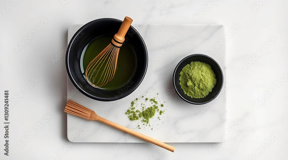 Japanese Modern Tea Ceremony with Minimalist Tools. Flatlay of a modern tea set: black ceramic bowl, bamboo whisk, matcha powder on marble slab, monochrome aesthetic Japanese Modern Tea Ceremony with Minimalist Tools. Flatlay of a modern tea set: black ceramic bowl, bamboo whisk, matcha powder on marble slab, monochrome aesthetic