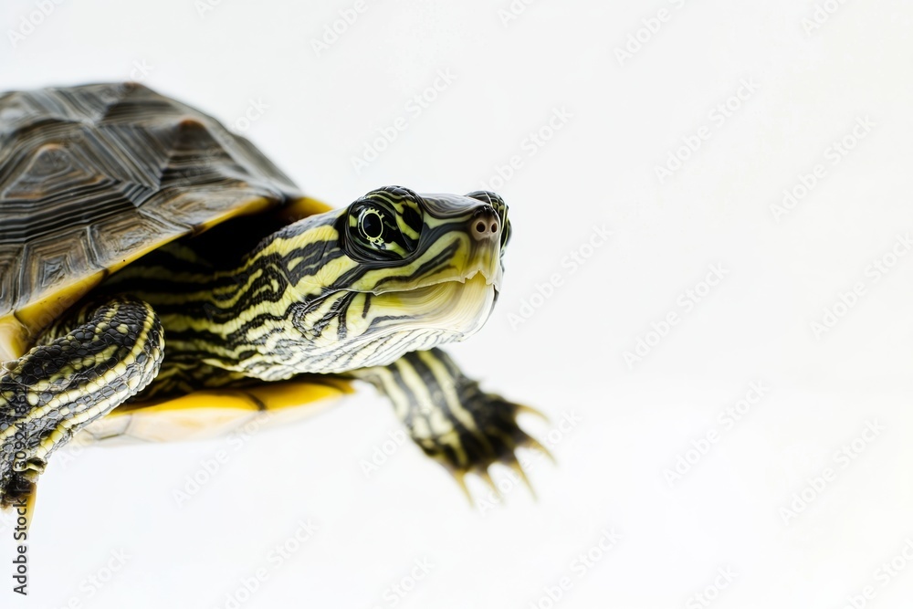 A detailed image of a painted turtle, highlighting its vivid shell patterns, scaled limbs, and expressive face, isolated against a clean background emphasizing clarity and detail. A detailed image of a painted turtle, highlighting its vivid shell patterns, scaled limbs, and expressive face, isolated against a clean background emphasizing clarity and detail.