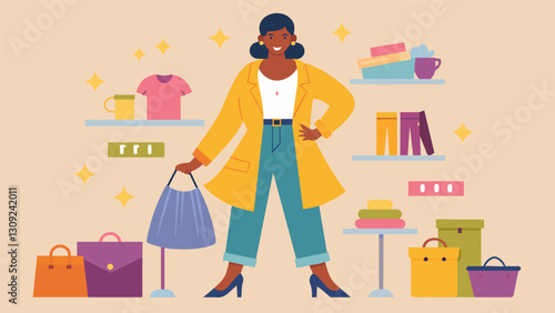 A fashion blogger participating in a thrift store challenge where she can only wear thrifted items for a week to demonstrate the abundance of options. Vector illustration