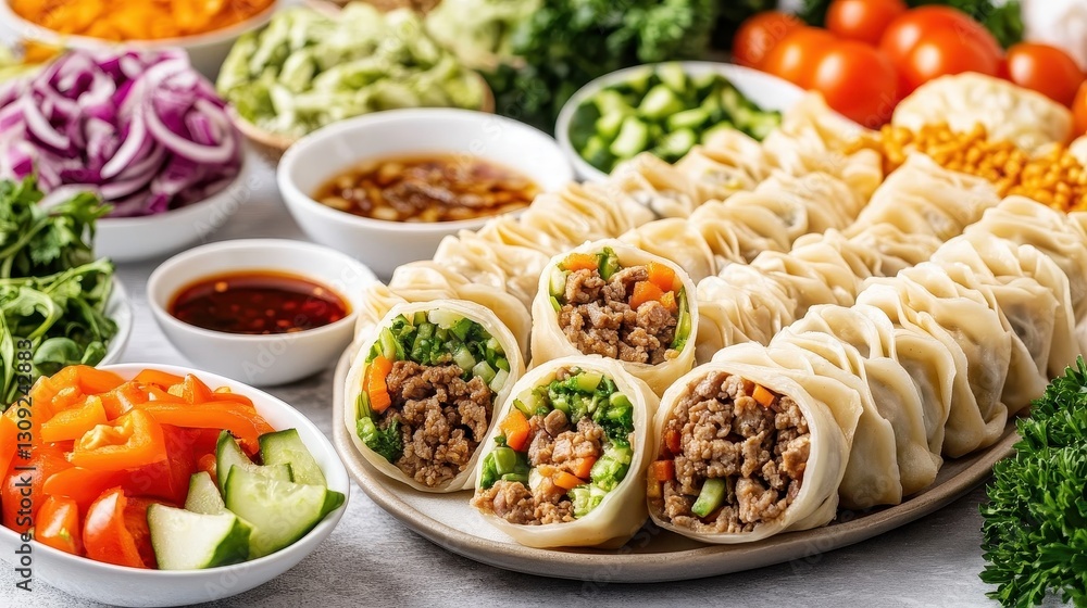 Colorful food platter featuring vibrant wraps, fresh vegetables, and assorted sauces, perfect for a casual gathering or event. Colorful food platter featuring vibrant wraps, fresh vegetables, and assorted sauces, perfect for a casual gathering or event.