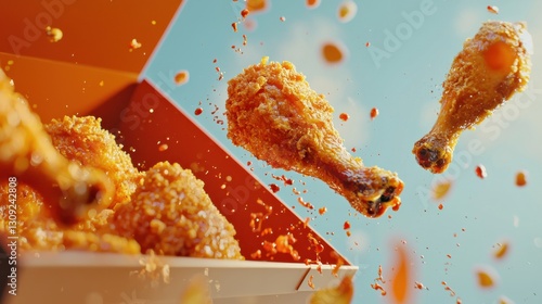 Flying crispy fried chicken wings against blue sky background