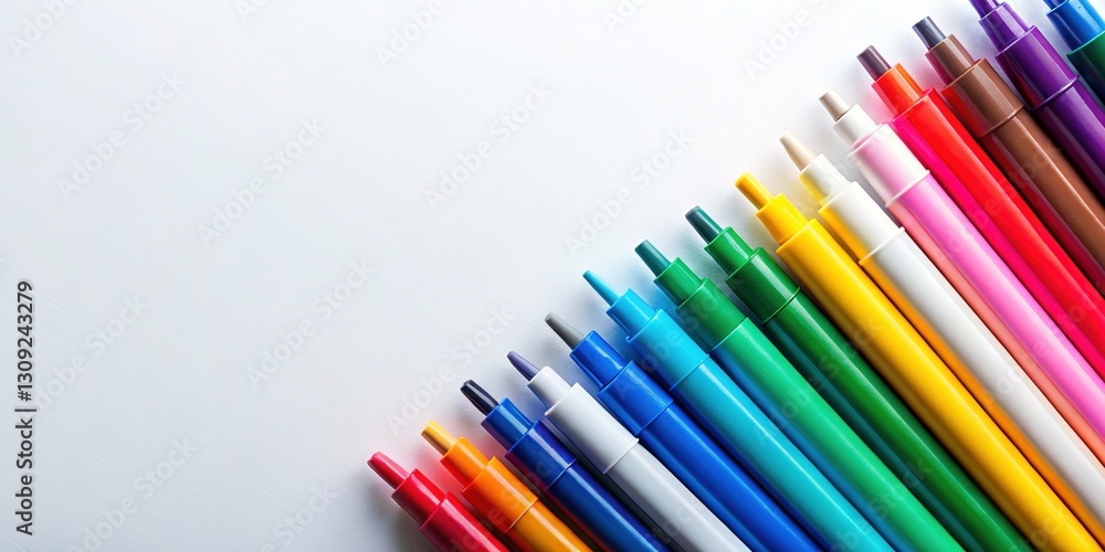 Fototapeta premium Bird's-Eye View of Colorful Permanent Markers on White Background - Copy Space