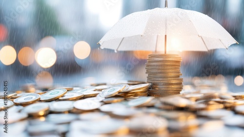 Wallpaper Mural Raindrops on pavement, bright umbrella shielding a small stack of coins, urban setting, theme of resilience in adversity. Torontodigital.ca