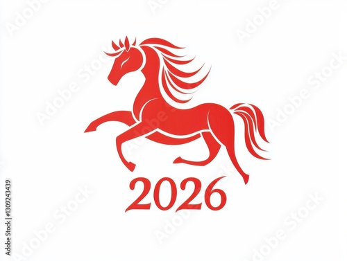 Red horse with flowing mane and 2026 text in dynamic pose on white background photo