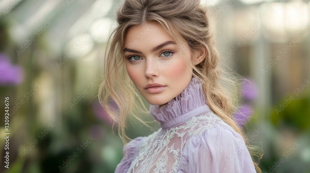 Naklejka premium Portrait of a Blonde Woman in a Lavender Lace Dress