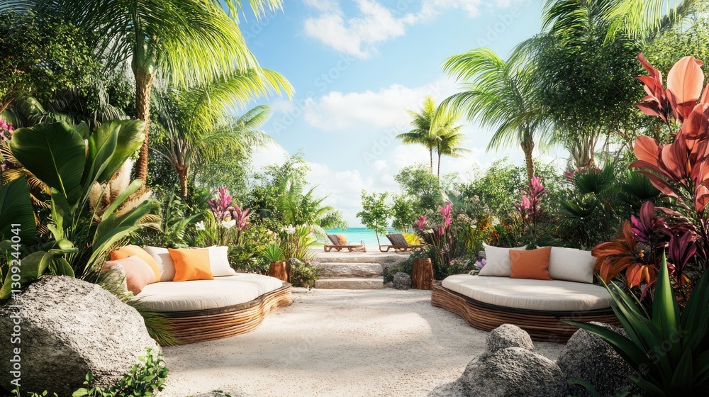 Luxurious Beachfront Oasis with Comfortable Curved Loungers Surrounded by Lush Tropical Plants and Palms Luxurious Beachfront Oasis with Comfortable Curved Loungers Surrounded by Lush Tropical Plants and Palms