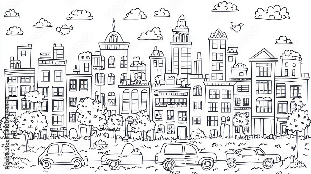 custom made wallpaper toronto digitalCityscape illustration, black and white drawing, urban scene, coloring page