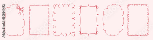 Vintage Hand drawn Ribbon Frames. Trendy whimsical Bow Borders in cute Coquette style for greeting cards, birthday, wedding invitations, social media template. Vector  illustration