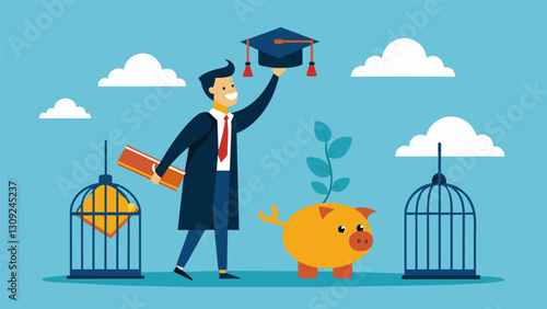 Cartoon of a student throwing graduation caps in the air with one labeled Grant and another caged in a piggy bank labeled Loan demonstrating the. Vector illustration