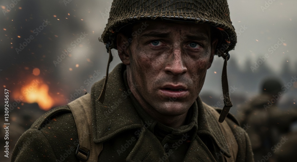 Fototapeta premium Soldier in battle worn uniform and helmet with grim expression. War movie scene. Cinematic portrayal of heroism and sacrifice. Veterans Day and Memorial Day concept.