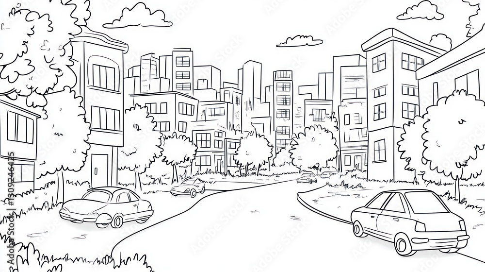 Obraz premium Cityscape street scene, black and white illustration, residential and commercial buildings, trees, cars. Possible use for coloring book or educational material