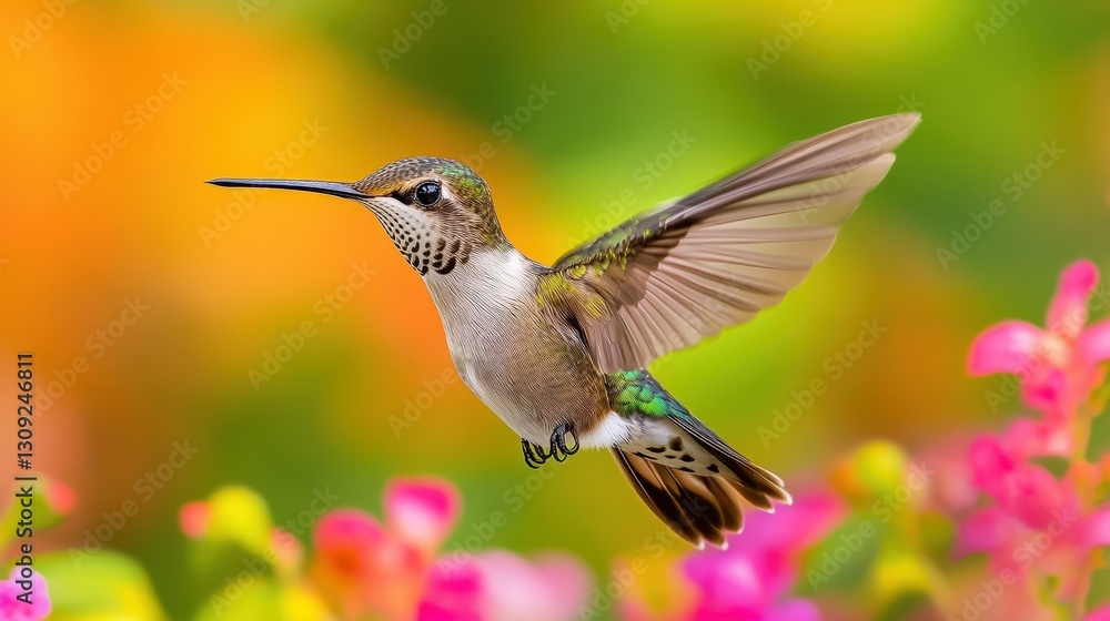 Fototapeta premium Hummingbird feeding on flowers garden nature photography vibrant colors close-up wildlife beauty